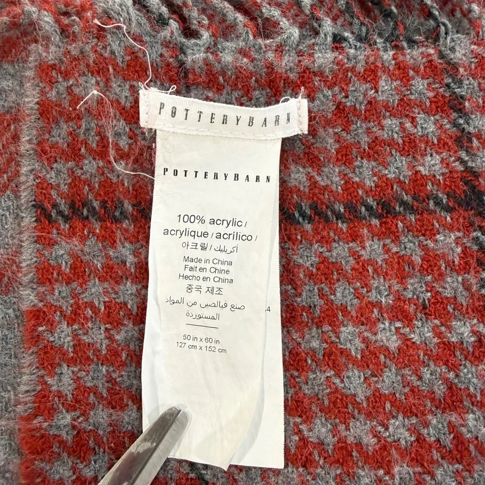 Pottery Barn Reversible Plaid Throw Blanket Red Grey Houndstooth Fringe 50x60